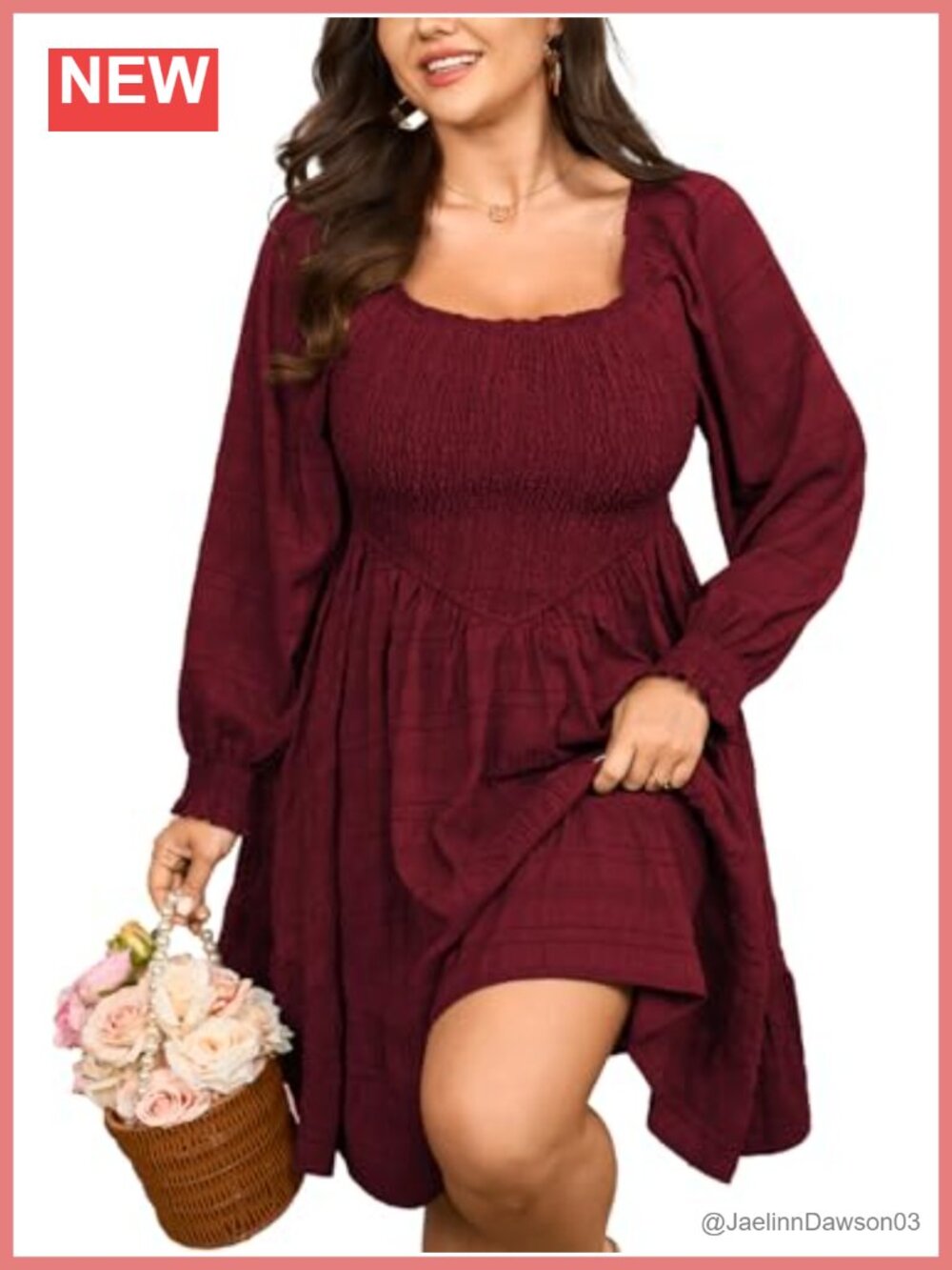 Plus Size Mini Dress Puff Long Sleeve Square Neck Tiered A-Line Casual